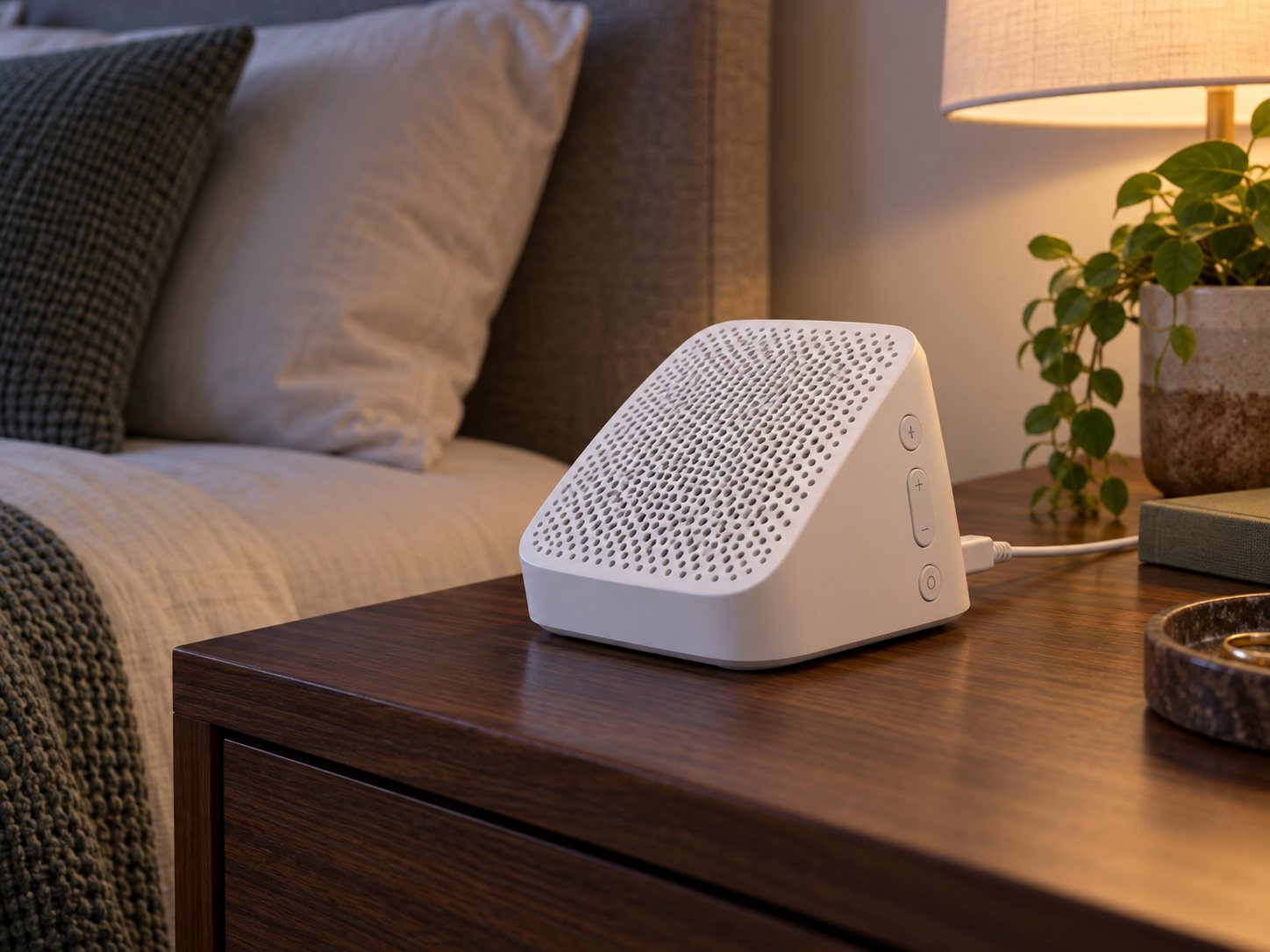 LectroFan EVO white sound machine approximation on a bedroom nightstand