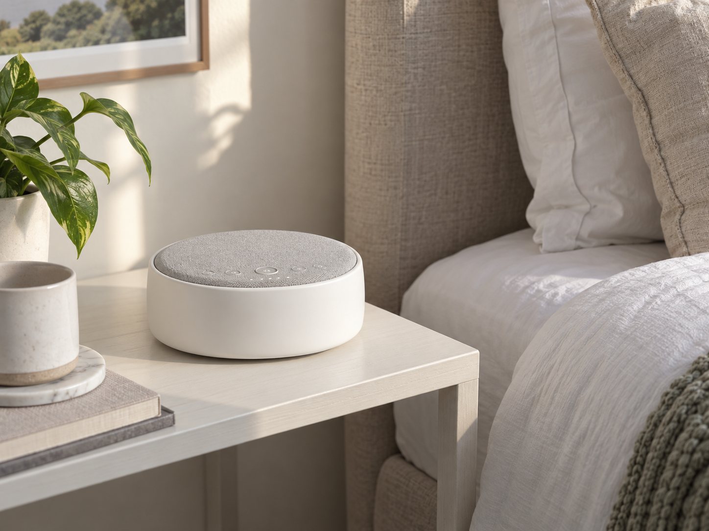 SNOOZ Pro white fan sound machine approximation beside a bed