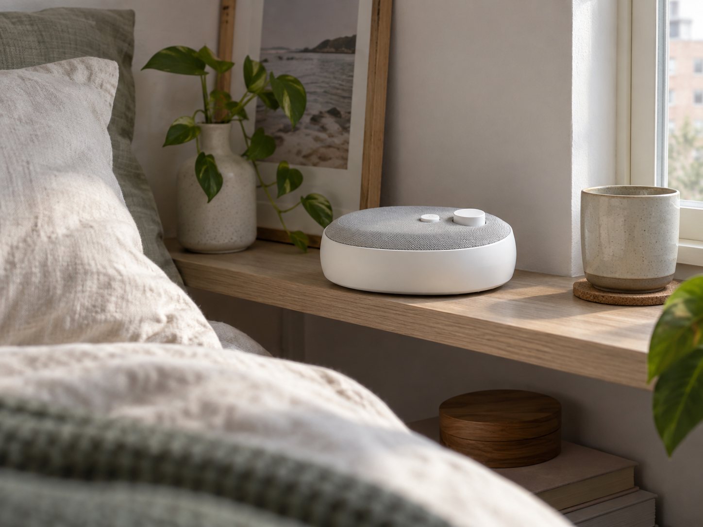 SNOOZ Original white fan sound machine approximation on a shelf