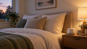 White noise machine on a bedside table in a calm compact bedroom
