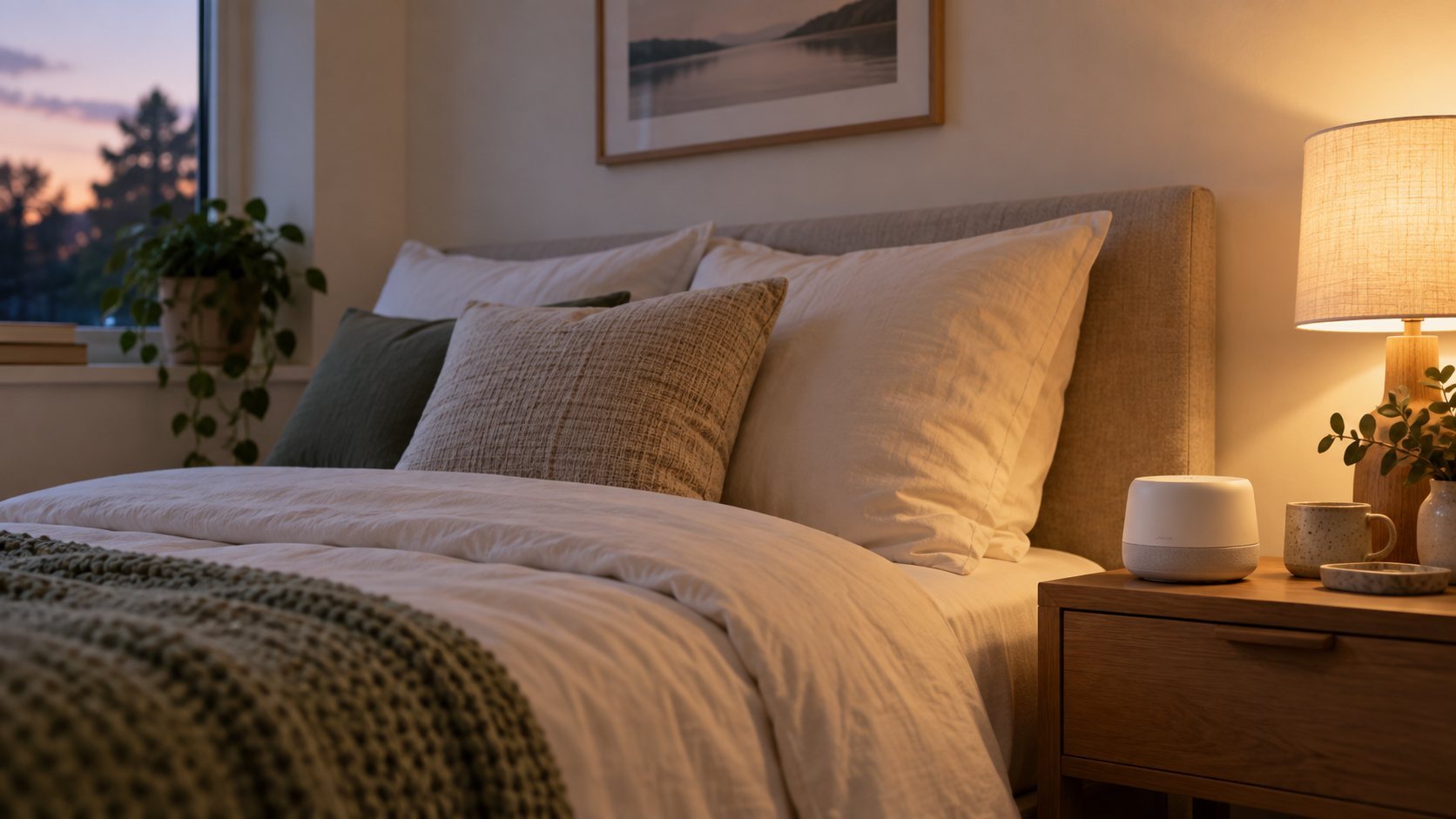 White noise machine on a bedside table in a calm compact bedroom